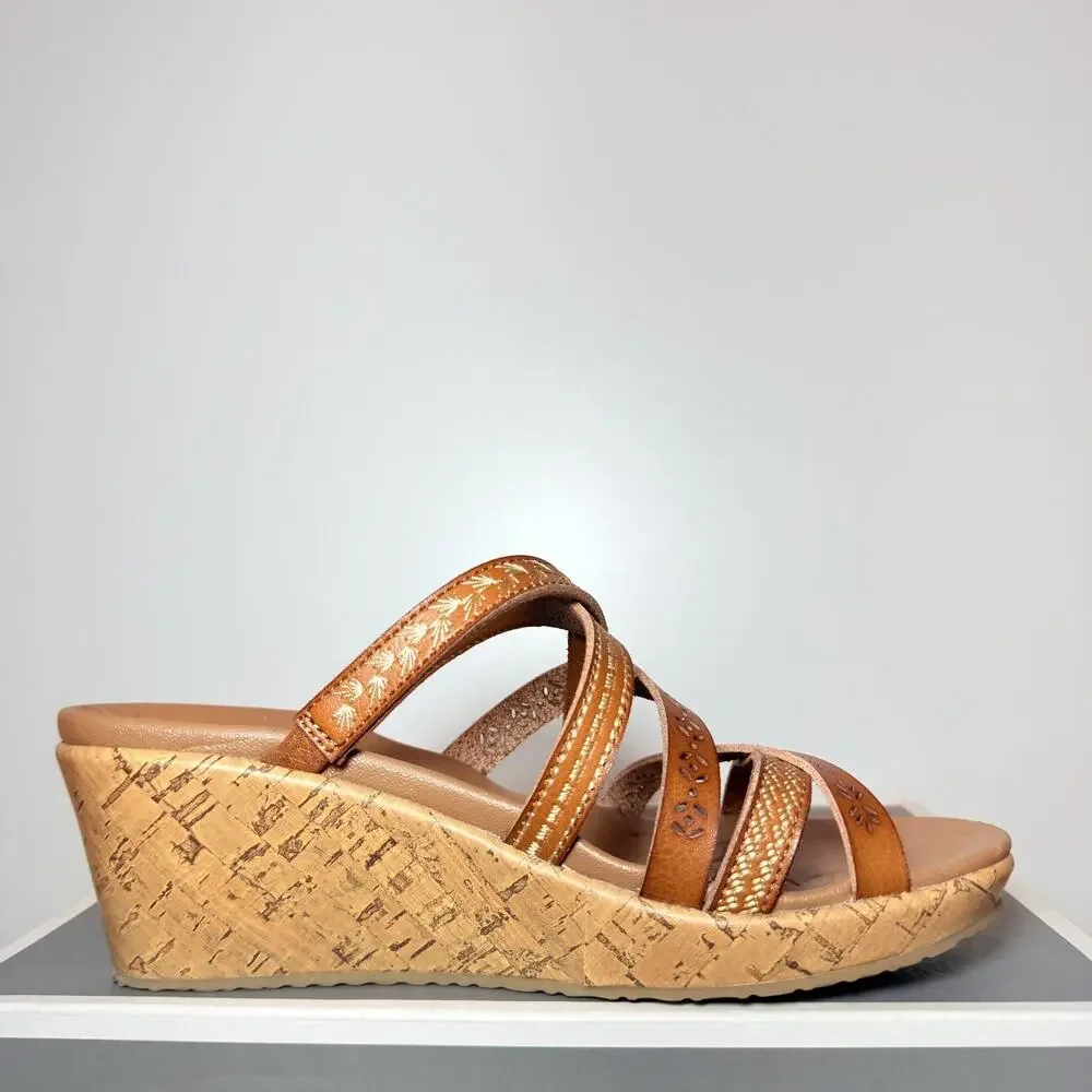 Skechers Beverlee Tiger Posse Womens Size 6.5 Wedge Slide Sandals Leather Heels